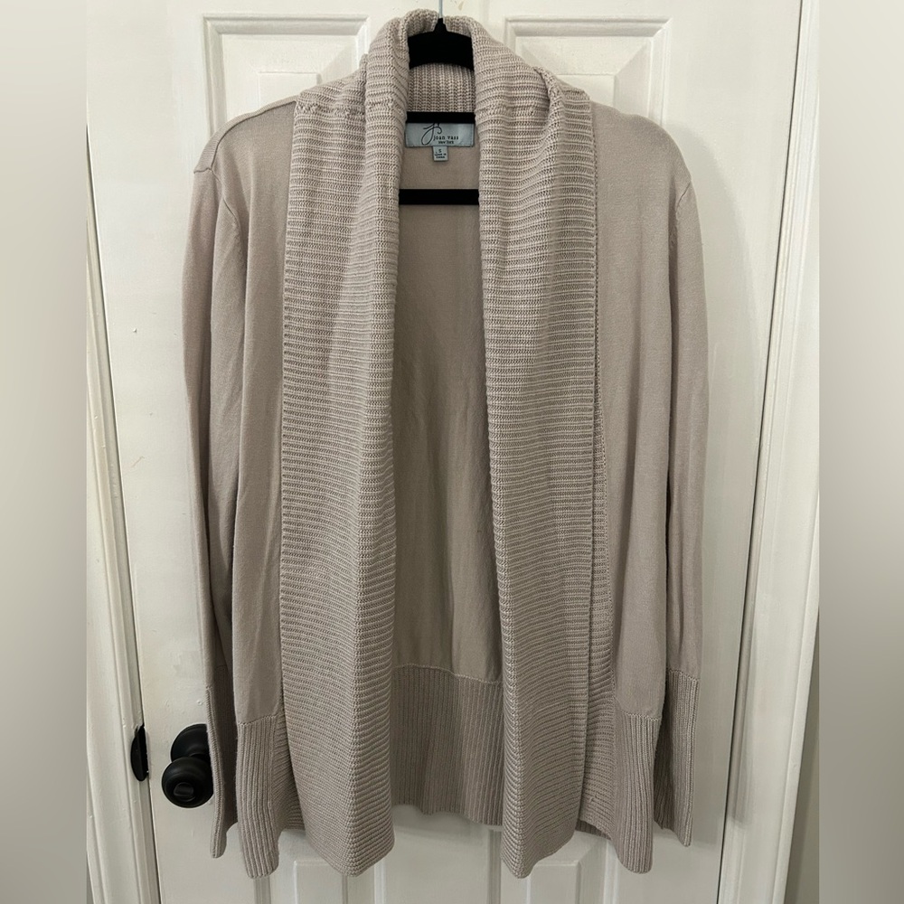 Joan Vass Size S Small Greige Open Front Shawl Collar Cardigan